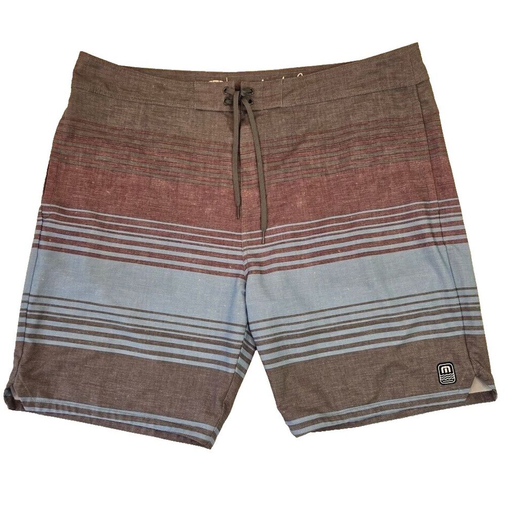 Travis Mathew Men's Size 42 Striped Board Shorts Gray Blue Burgundy‎ Swim Beach